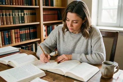 Femme étudiant l'accord du participe passé avec des livres de grammaire française ouverts sur un bureau en bois