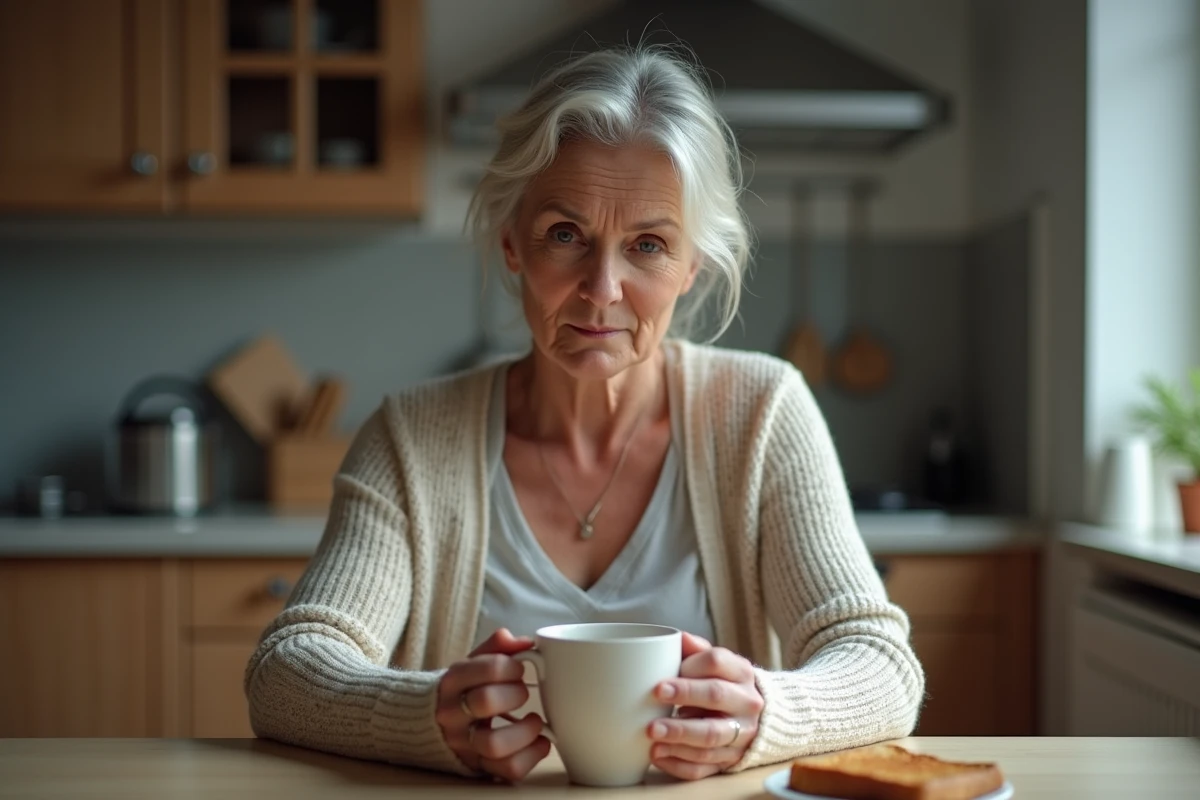 Femme fatiguée tenant une tasse de thé le matin à la cuisine, regard absent après une nuit de sommeil de mauvaise qualité