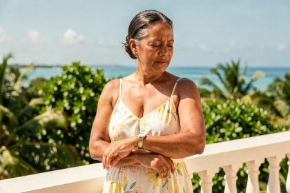 Femme guadeloupéenne consultant sa montre sur une terrasse tropicale avec vue sur la mer des Caraïbes