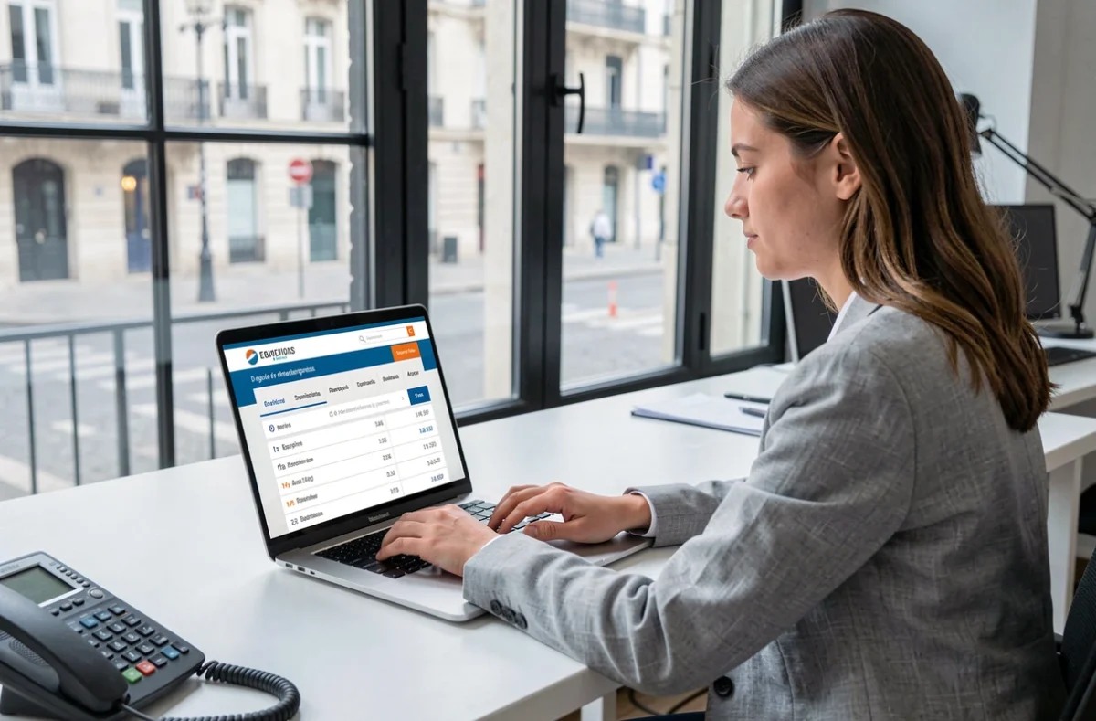 Jeune femme consultant un site de télécommunication français sur un ordinateur portable dans un espace de co-working à Bordeaux
