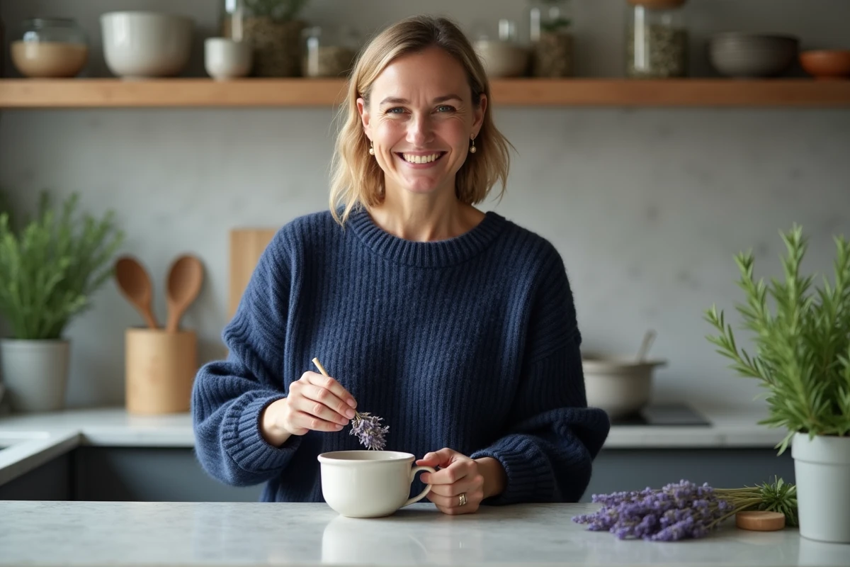 Femme préparant une infusion aux herbes dans une cuisine moderne pour réguler naturellement son humeur au quotidien