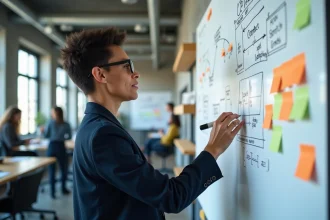 Femme présentant un tableau de concepts d'innovation dans un laboratoire créatif moderne