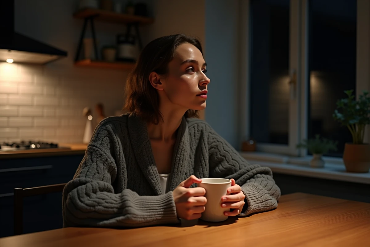 Jeune femme debout dans sa cuisine la nuit, tenant une tasse et regardant par la fenêtre, illustrant les nuits sans sommeil et l'insomnie chronique