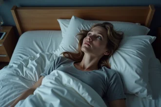 Femme allongée dans son lit les yeux ouverts, incapable de dormir profondément, expression fatiguée et agitée dans une chambre moderne aux tons neutres