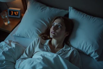 Femme allongée dans son lit les yeux grands ouverts, incapable de dormir en pleine nuit, illustrant l'insomnie et les troubles du sommeil