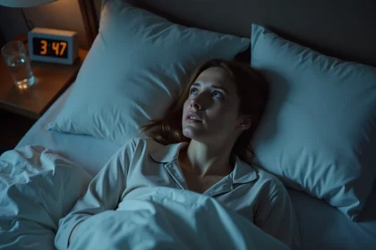 Femme allongée dans son lit les yeux grands ouverts, incapable de dormir en pleine nuit, illustrant l'insomnie et les troubles du sommeil