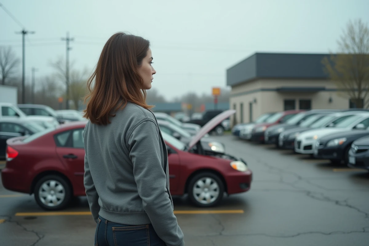 Femme hésitante inspectant un vieux moteur de voiture d'occasion sur un parking de concessionnaire