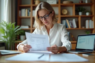 Femme consultant des documents financiers pour placer 40 000 euros sur un livret épargne