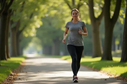 Femme en tenue de sport marchant d'un pas soutenu dans un parc urbain pour tonifier son ventre