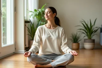 Femme en méditation assise sur un parquet en bois dans un salon minimaliste pour réguler son humeur naturellement