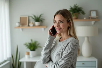 Femme écoutant sa messagerie vocale Free Mobile sur smartphone dans un bureau minimaliste