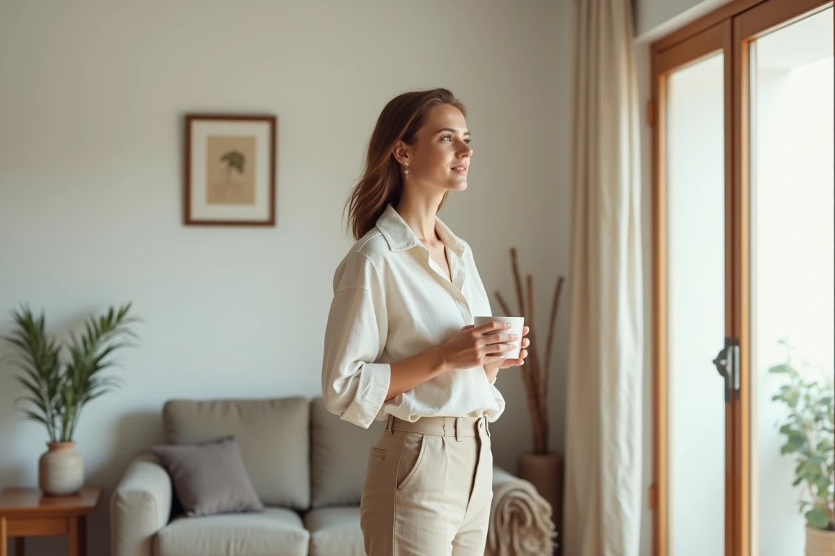 Femme minimaliste en tenue sobre tenant une tasse en céramique dans un salon scandinave épuré, illustrant un style de vie minimaliste serein