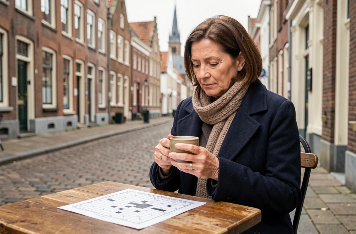 Femme résolvant des mots croisés dans un café belge typique en terrasse