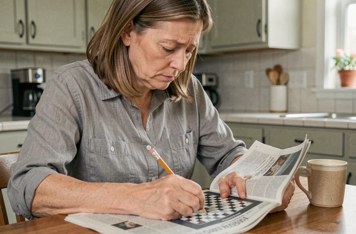 Femme concentrée résolvant une grille de mots croisés dans un journal à sa table de cuisine