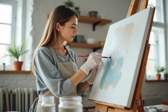 Femme portant des gants nitrile peignant avec de la peinture acrylique dans un studio bien ventilé, illustrant les précautions de sécurité