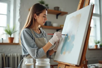 Femme portant des gants nitrile peignant avec de la peinture acrylique dans un studio bien ventilé, illustrant les précautions de sécurité