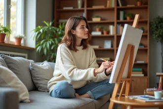 Femme peignant sur toile dans son salon pour s'occuper et lutter contre l'ennui à la maison