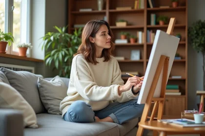 Femme peignant sur toile dans son salon pour s'occuper et lutter contre l'ennui à la maison