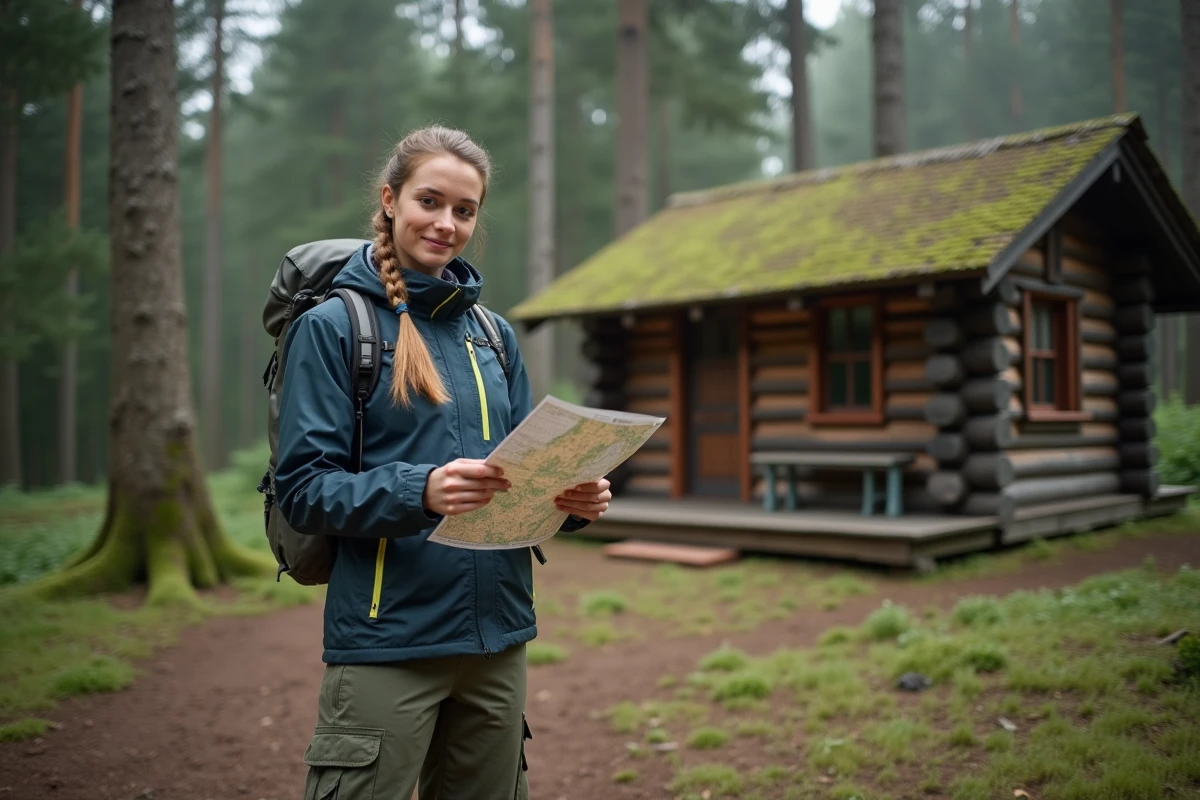 Femme consultant un plan cadastral devant une cabane en rondins construite dans les bois