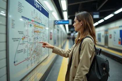 Jeune femme consultant le plan de la ligne 13 du métro parisien sur le quai d'une station