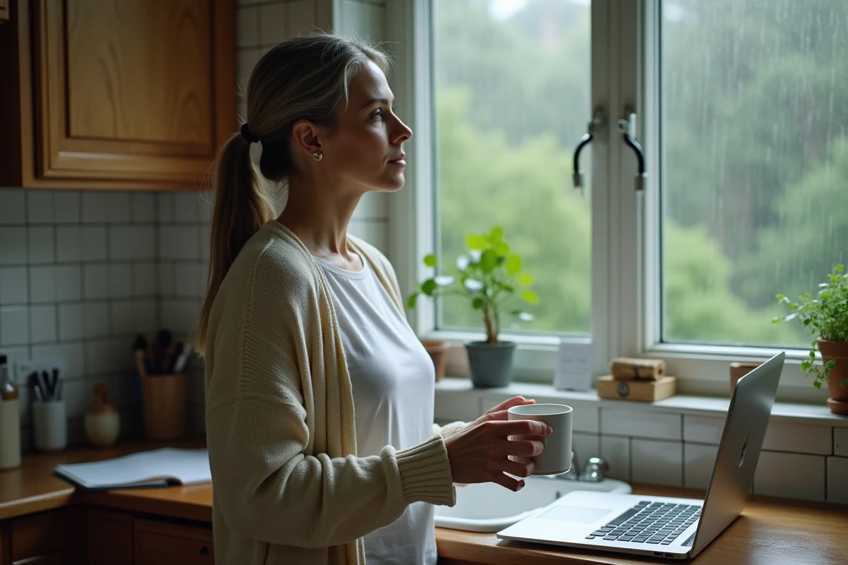 Femme procrastinant en télétravail regardant par la fenêtre sous la pluie, tasse de café à la main, travail ignoré
