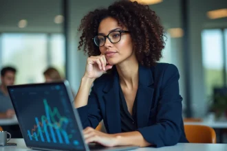 Une femme professionnelle réfléchit face à un écran d'ordinateur affichant des données d'intelligence artificielle dans un bureau moderne