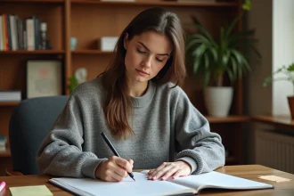 Femme assise à un bureau en bois en train de rédiger un planning papier avec un stylo noir dans un bureau à domicile