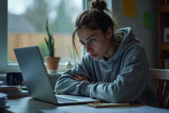 Femme sans motivation devant son ordinateur portable en télétravail, posture affaissée au bureau à domicile