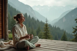 Femme en slowcation sur une terrasse en bois face à une vallée de montagne brumeuse, tenant une tasse de thé dans une atmosphère sereine et apaisante
