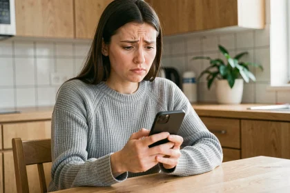 Femme consultant son smartphone sans réseau dans une cuisine moderne, illustrant un problème de signal sur une carte SIM Lebara