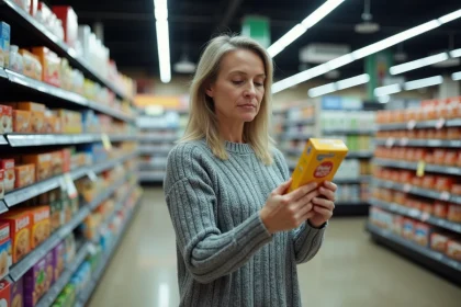Une femme examine une étiquette de prix dans un supermarché, illustrant les signes d'une faible inflation sur les produits alimentaires