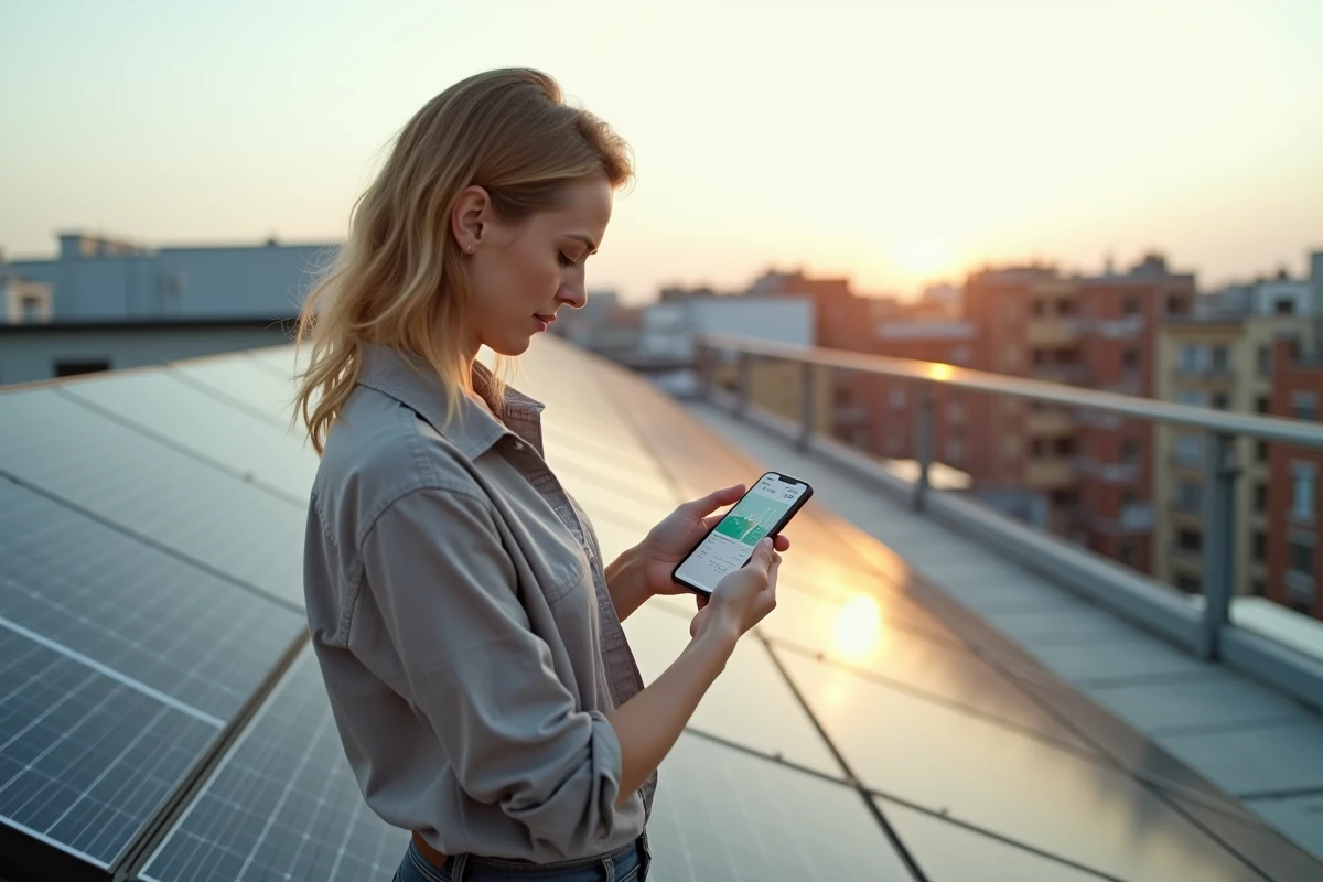Femme consultant son tableau de bord énergétique sur smartphone devant des panneaux solaires en autoconsommation