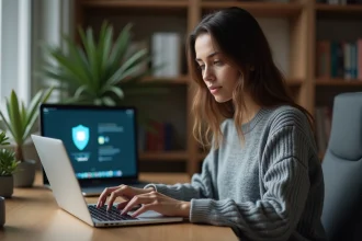 Femme utilisant une application VPN sur son ordinateur portable dans un bureau à domicile moderne
