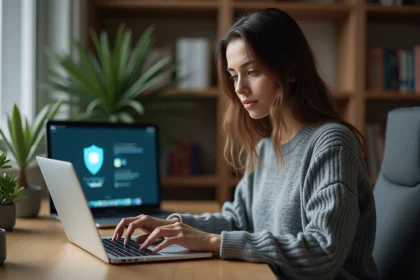 Femme utilisant une application VPN sur son ordinateur portable dans un bureau à domicile moderne