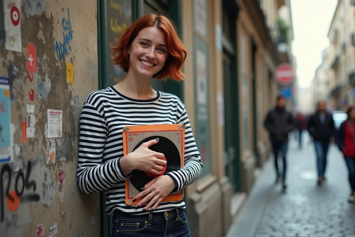 Jeune femme tenant un vinyle devant un mur de flyers parisiens, évoquant la culture musicale française des années 80-90
