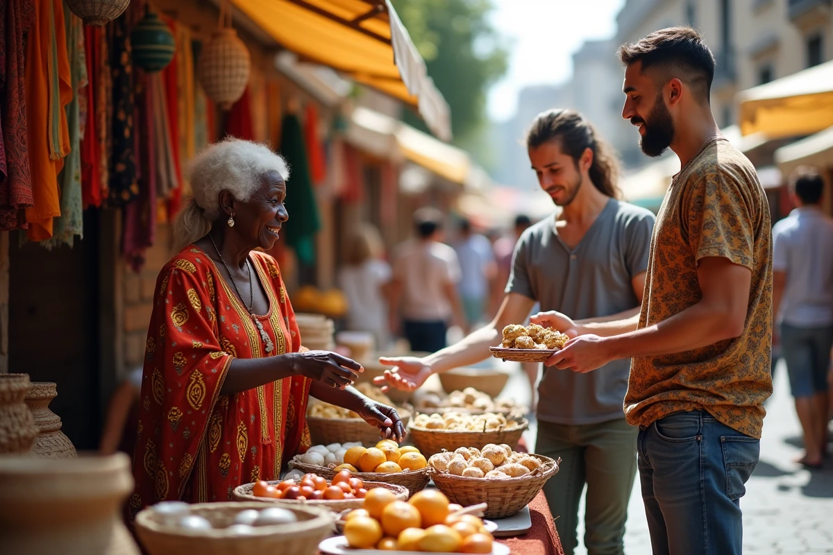 Festival multiculturel en plein air dans une ville européenne, avec des vendeurs et visiteurs de différentes origines culturelles portant des tenues traditionnelles colorées