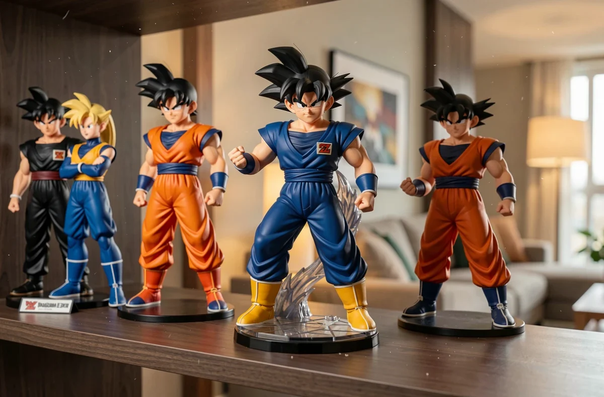 Collection de figurines Dragon Ball Z avec la figurine d'Androïde 17 mise en valeur sur une étagère de salon