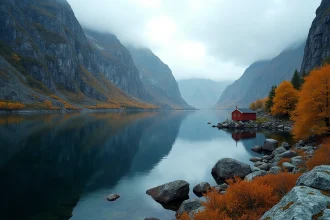 Paysage de fjord norvégien en automne avec une cabane en bois rouge traditionnelle sur les rochers au bord de l'eau calme