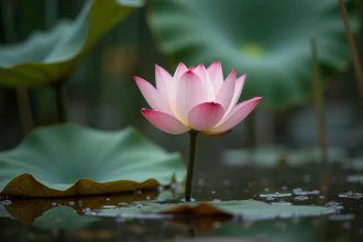 Fleur de lotus rose émergeant d'un étang boueux, symbole de résilience et de pureté dans la nature