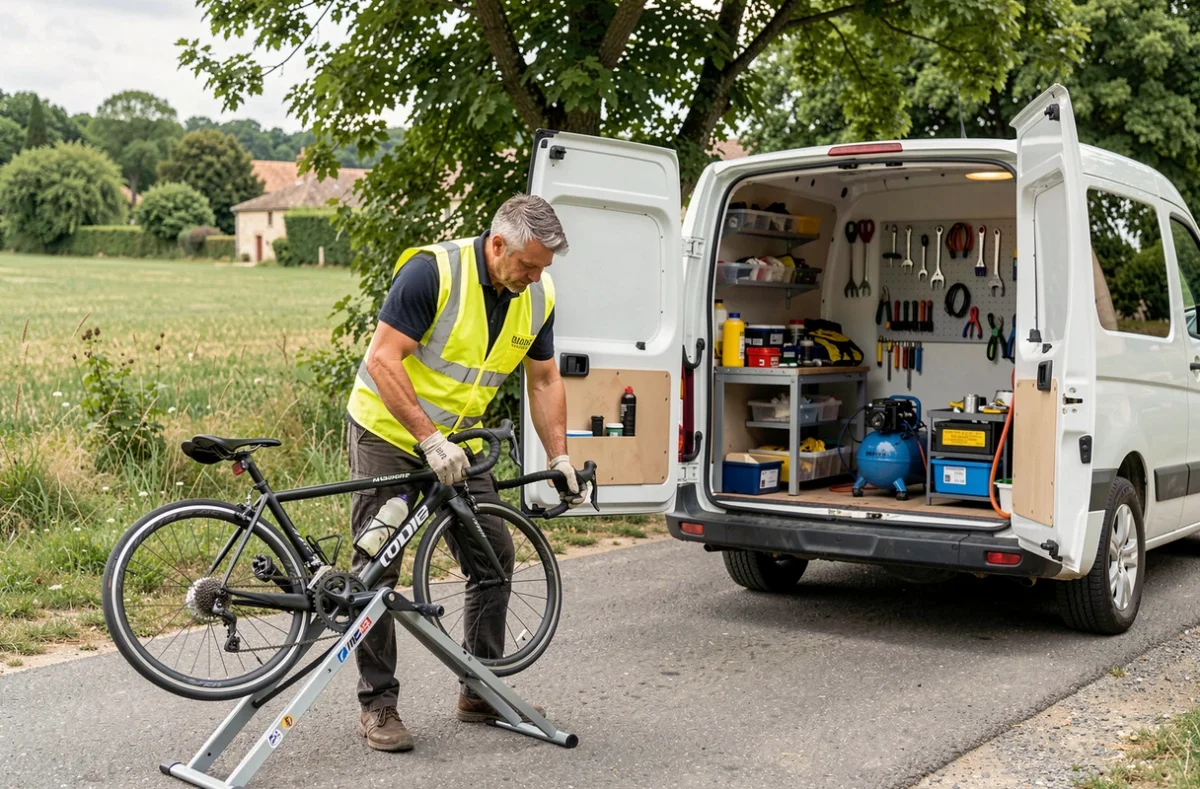 Mécanicien mobile FLEXIVELO réparant un vélo au bord d'une route en Gironde avec son atelier ambulant