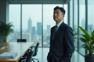 Portrait d'un homme d'affaires asiatique en costume sombre dans un bureau moderne avec vue sur une skyline urbaine, illustrant le fondateur de Shein