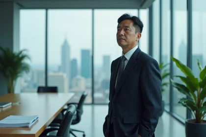 Portrait d'un homme d'affaires asiatique en costume sombre dans un bureau moderne avec vue sur une skyline urbaine, illustrant le fondateur de Shein