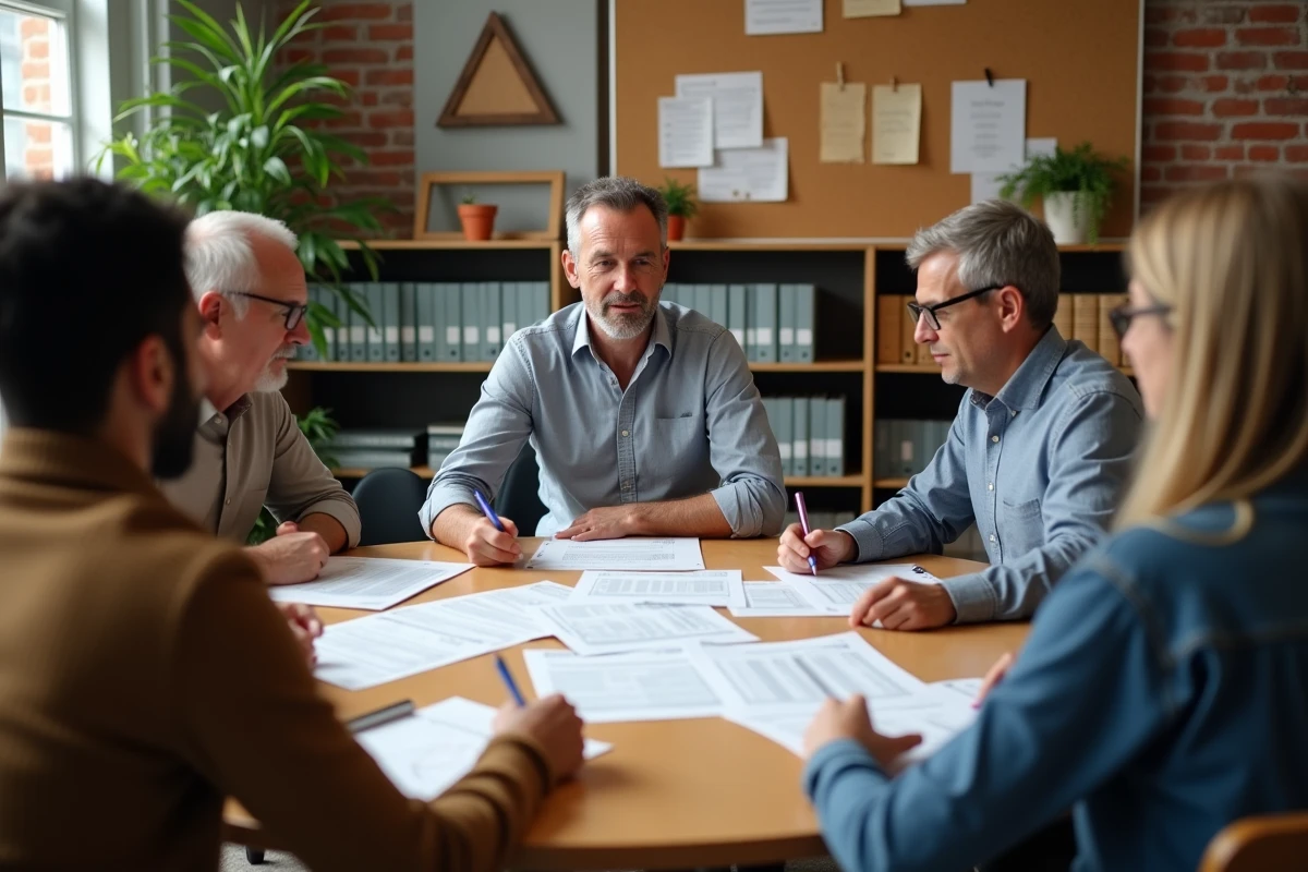 Formateur et apprenants adultes étudiant ensemble les étapes d'une séquence pédagogique