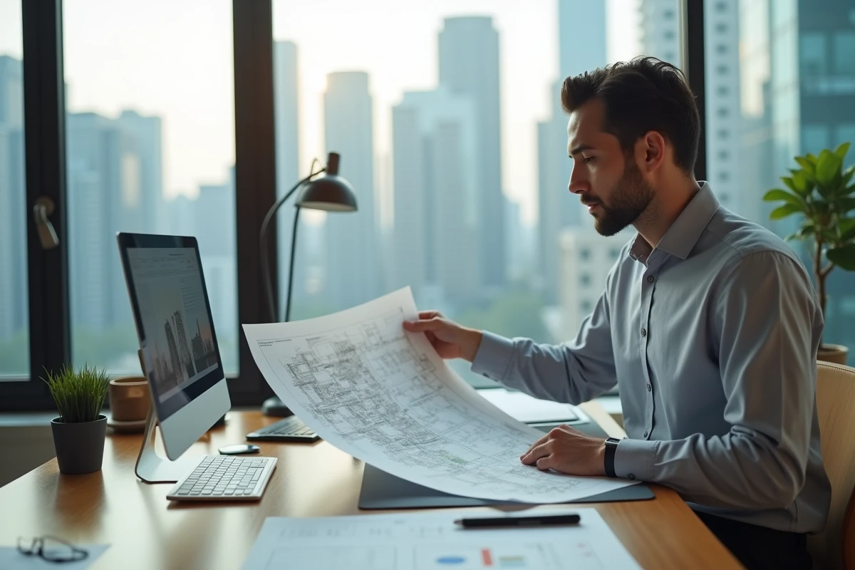 Jeune professionnel de l'immobilier étudiant des plans de développement urbain dans un bureau moderne avec vue sur la ville