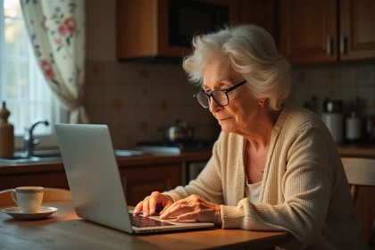 Une femme âgée confuse devant un ordinateur portable illustrant la fracture numérique entre générations