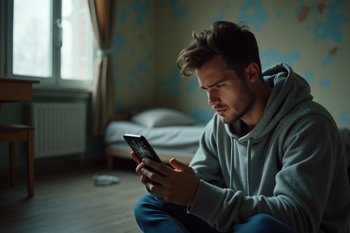 Un jeune homme précaire utilisant un smartphone fissuré pour chercher du travail, symbole de la fracture numérique sociale