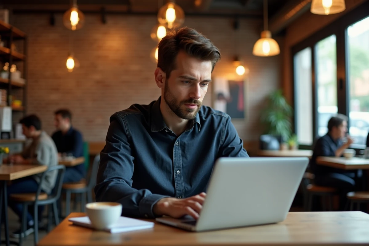 Consultant freelance travaillant dans un café, illustration du travail indépendant bien payé à 50 euros de l'heure