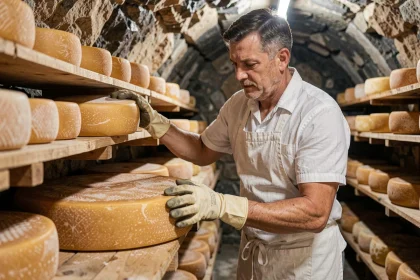 Fromager professionnel retournant un fromage affiné dans une cave de maturation en pierre