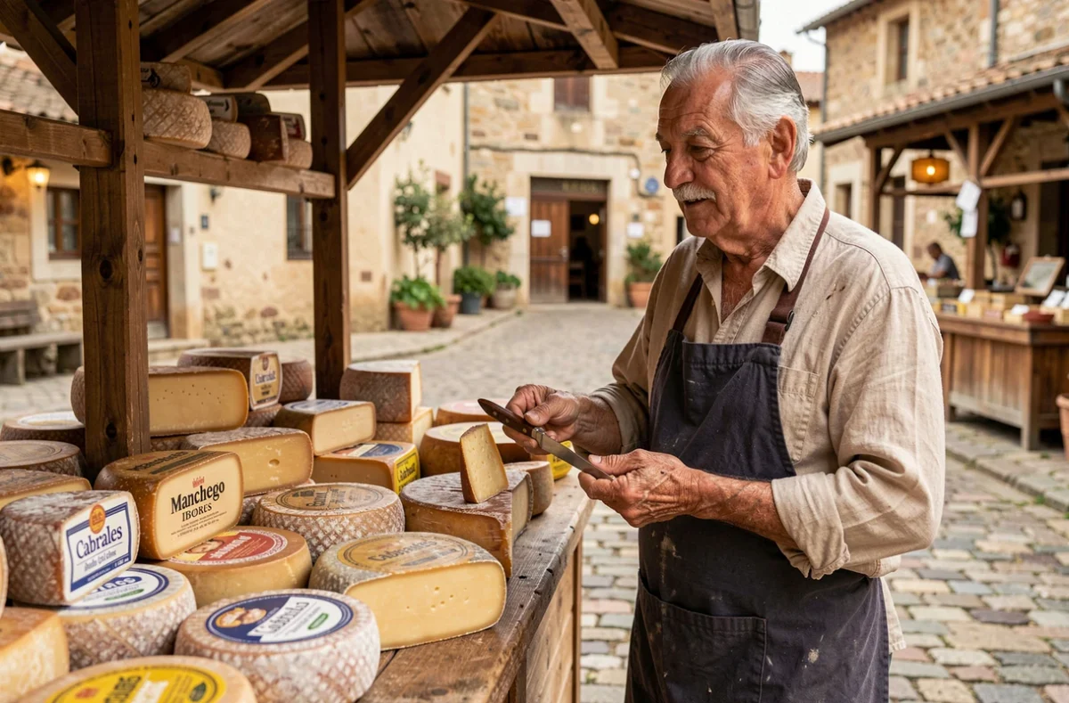 Fromager espagnol âgé présentant des fromages traditionnels sur un marché rural en Espagne