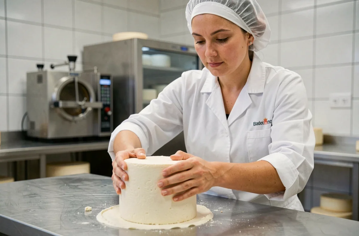 Fromageuse espagnole moulant du fromage frais dans une fromagerie artisanale moderne